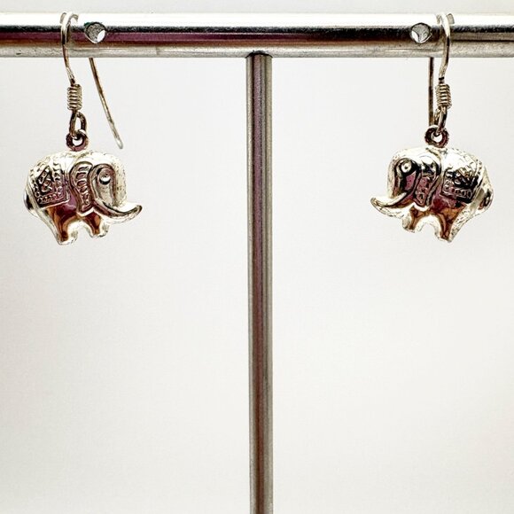 VTG Sterling Silver 925 Elephant Textured Dangle Earrings Size 1" Length - Picture 2 of 10